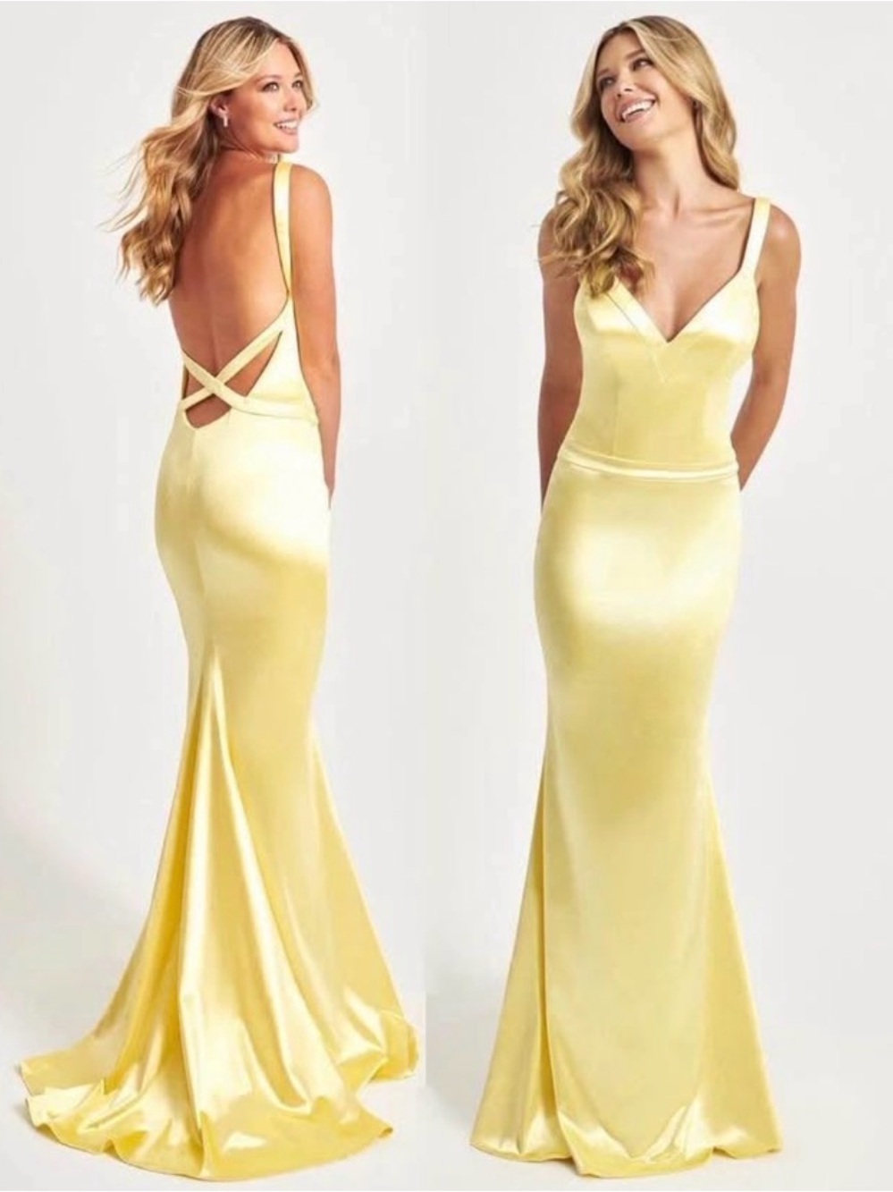 Yellow Satin Dress: V-Neck, Open Back How To Lose A Guy In 10 Days inspired Prom